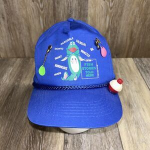 Vintage Blue Fish Stories Told Here Trucker Fishing Hat Cap W/ Lures & Hooks